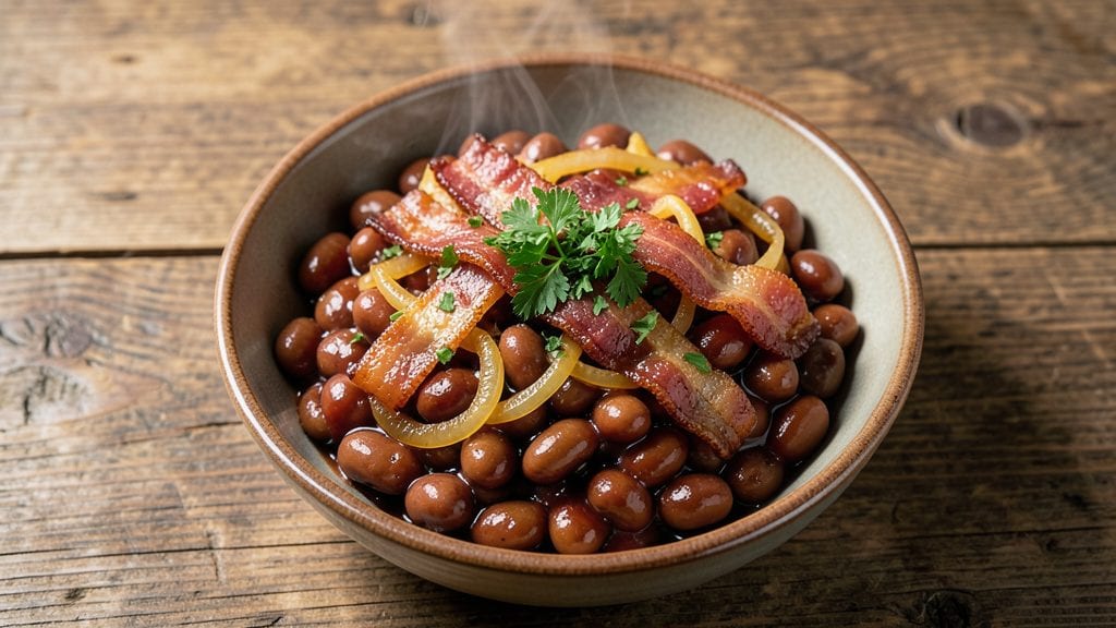 Bush's BBQ Baked Beans Recipe: Smoky Bacon Crunch Over Tomato-Braised Beans