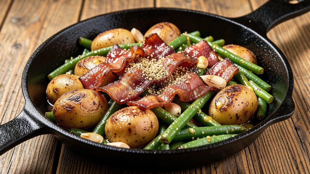 Country Ranch Green Beans and Potatoes With Bacon Recipe: Smoky Bacon Crisp Meets Herbed Potato-Pepper Harmony