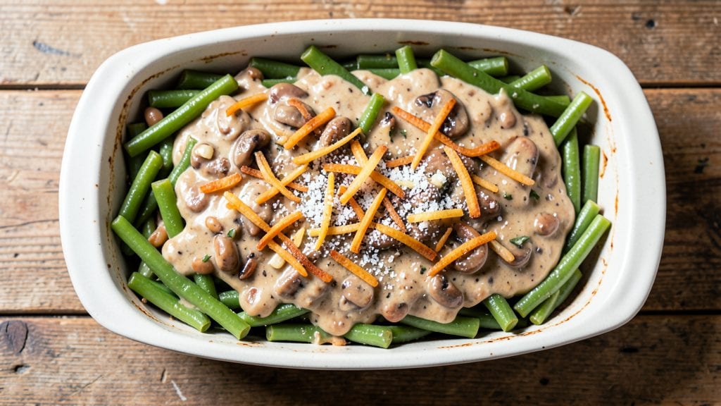 Green Bean Casserole Recipe With Canned Beans: Mushroom Sauce Swirls and Crunchy Fried Onion Crown